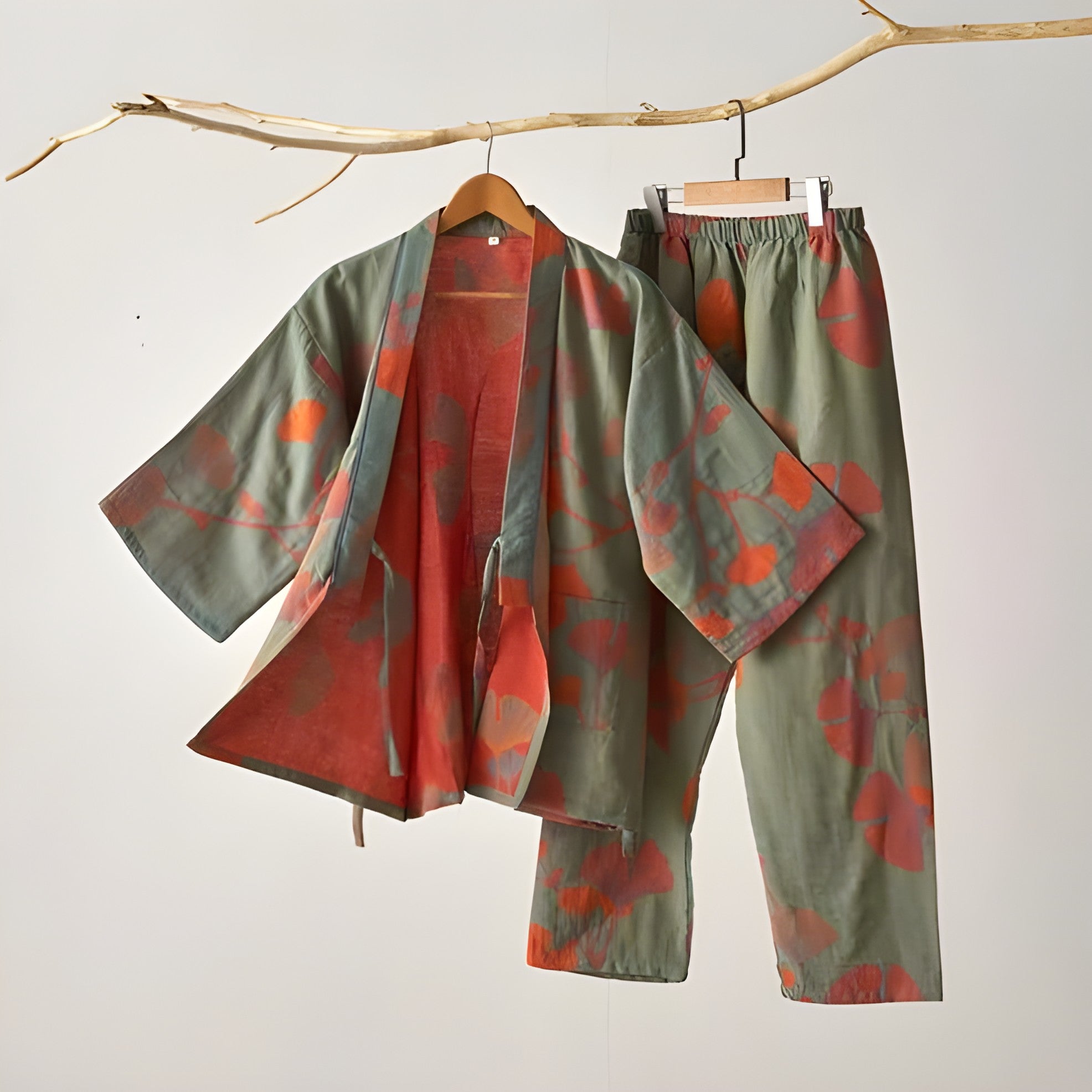 Ginkgo-blad Kimono-pysjamas – Stort Bladtrykk, Ren Bomull