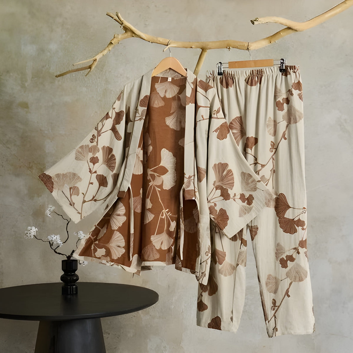 Ginkgo-blad Kimono-pysjamas – Stort Bladtrykk, Ren Bomull