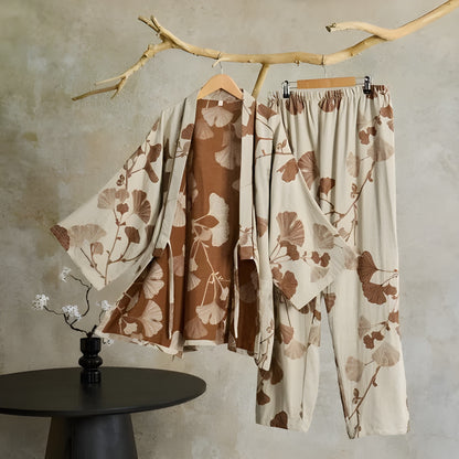 Ginkgo-blad Kimono-pysjamas – Stort Bladtrykk, Ren Bomull
