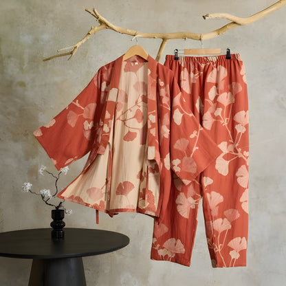 Ginkgo-blad Kimono-pysjamas – Stort Bladtrykk, Ren Bomull