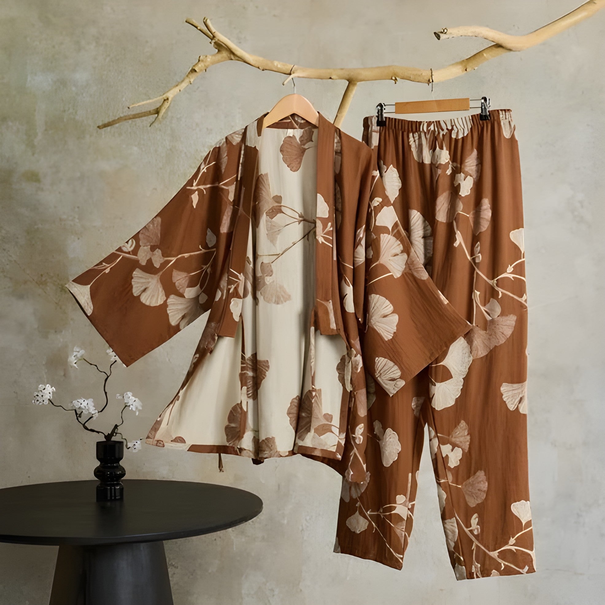 Ginkgo-blad Kimono-pysjamas – Stort Bladtrykk, Ren Bomull
