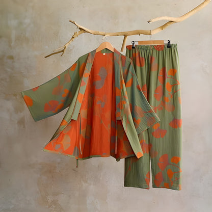Ginkgo-blad Kimono-pysjamas – Stort Bladtrykk, Ren Bomull