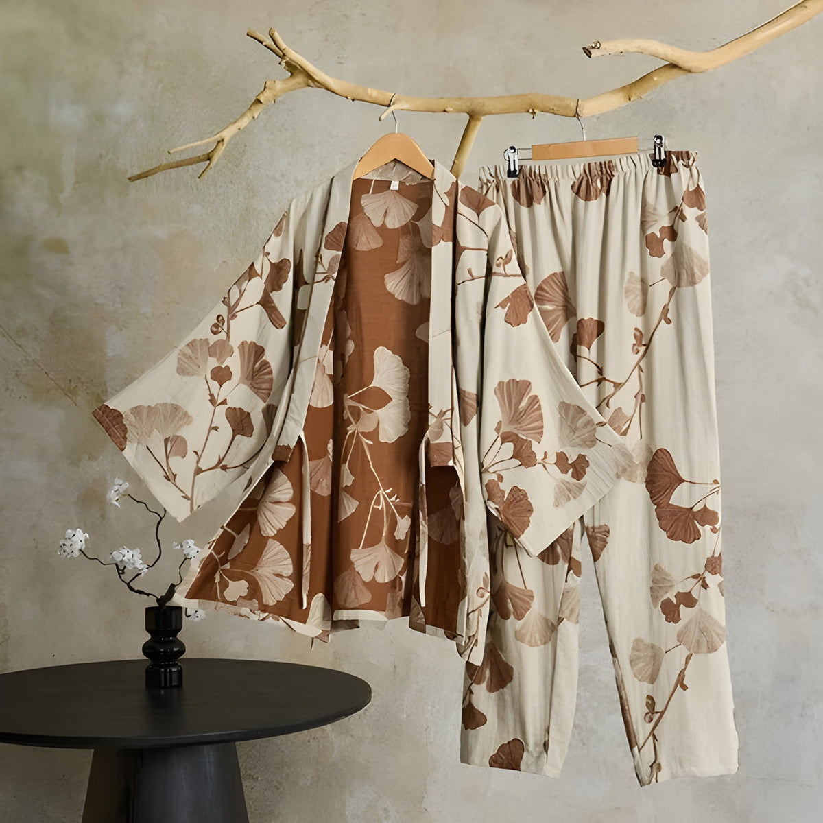 Ginkgo-blad Kimono-pysjamas – Stort Bladtrykk, Ren Bomull