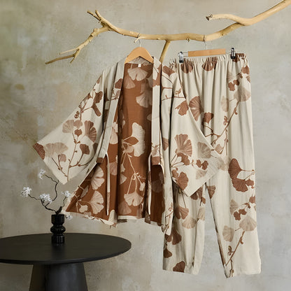 Ginkgo-blad Kimono-pysjamas – Stort Bladtrykk, Ren Bomull