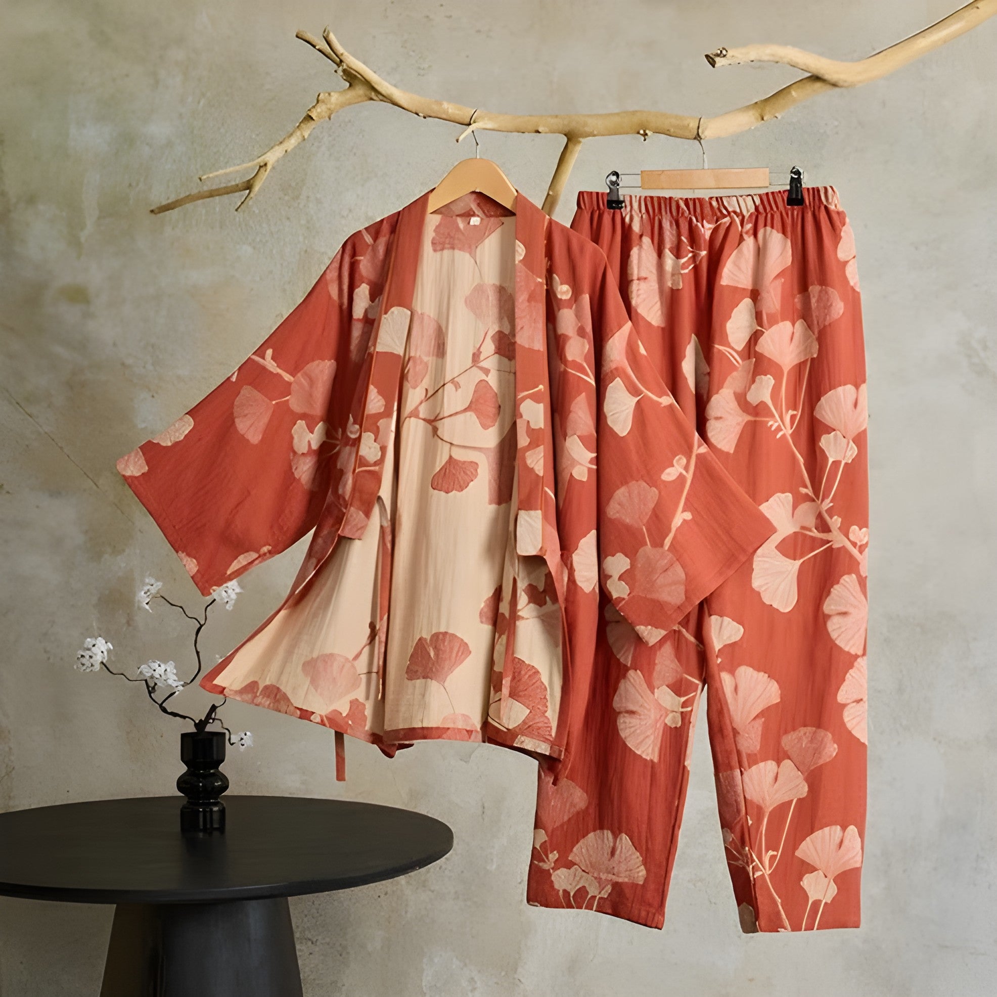 Ginkgo-blad Kimono-pysjamas – Stort Bladtrykk, Ren Bomull