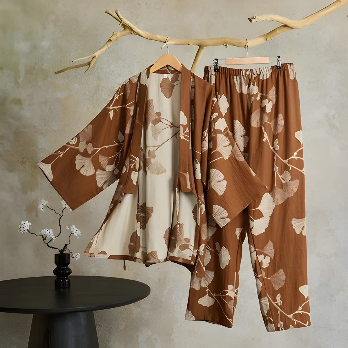 Ginkgo-blad Kimono-pysjamas – Stort Bladtrykk, Ren Bomull