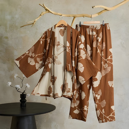 Ginkgo-blad Kimono-pysjamas – Stort Bladtrykk, Ren Bomull