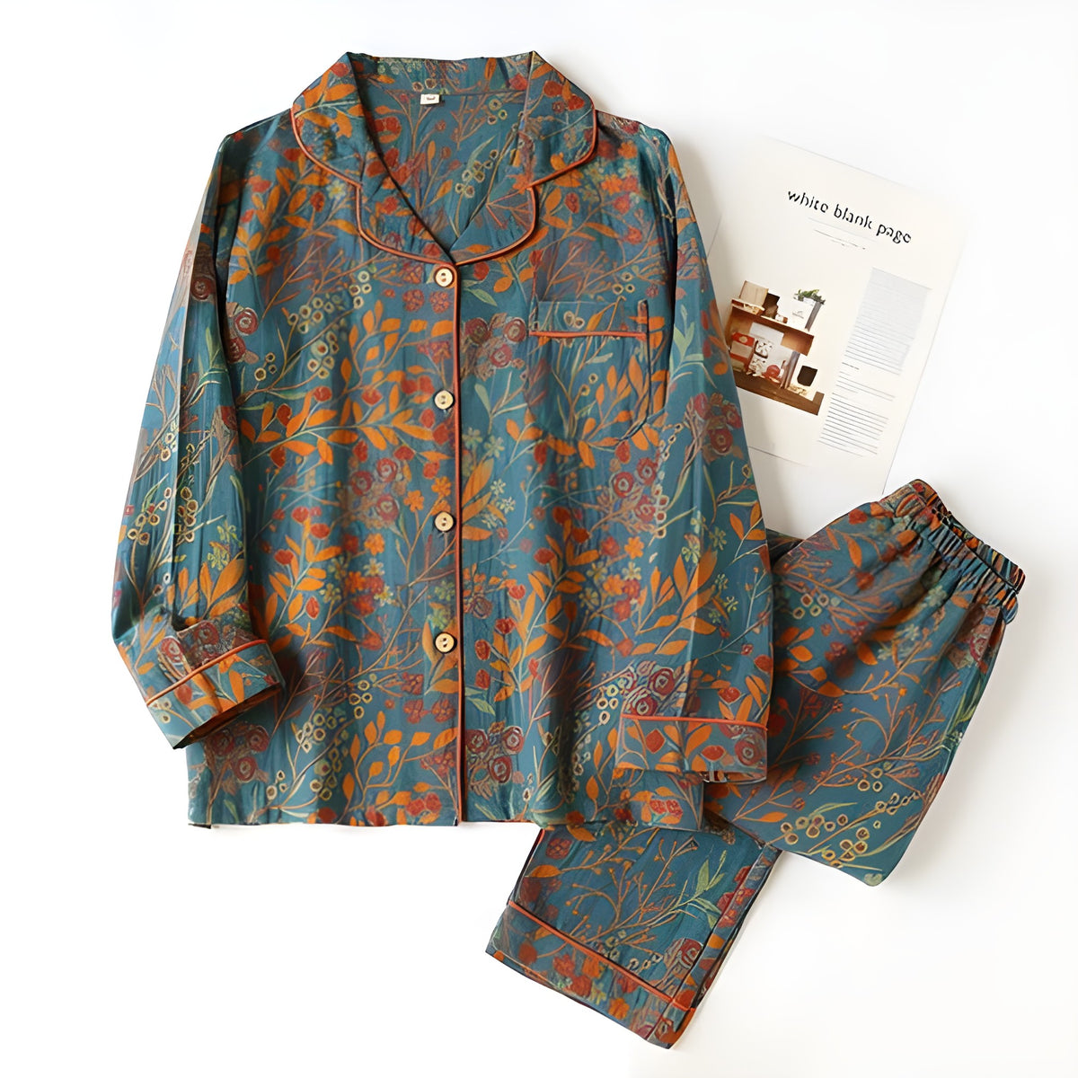 Loungewearsett i Bomull – Vintage Bladtrykk, Krage og Komfortabel Passform