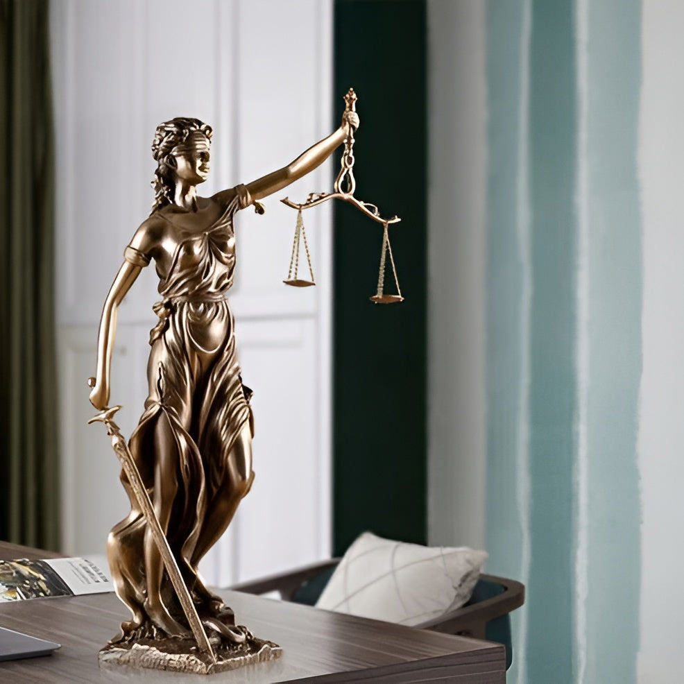 Statue Av Rettferdighetens Gudinne – En Elegant Dekorativ Skulptur Av Justitia