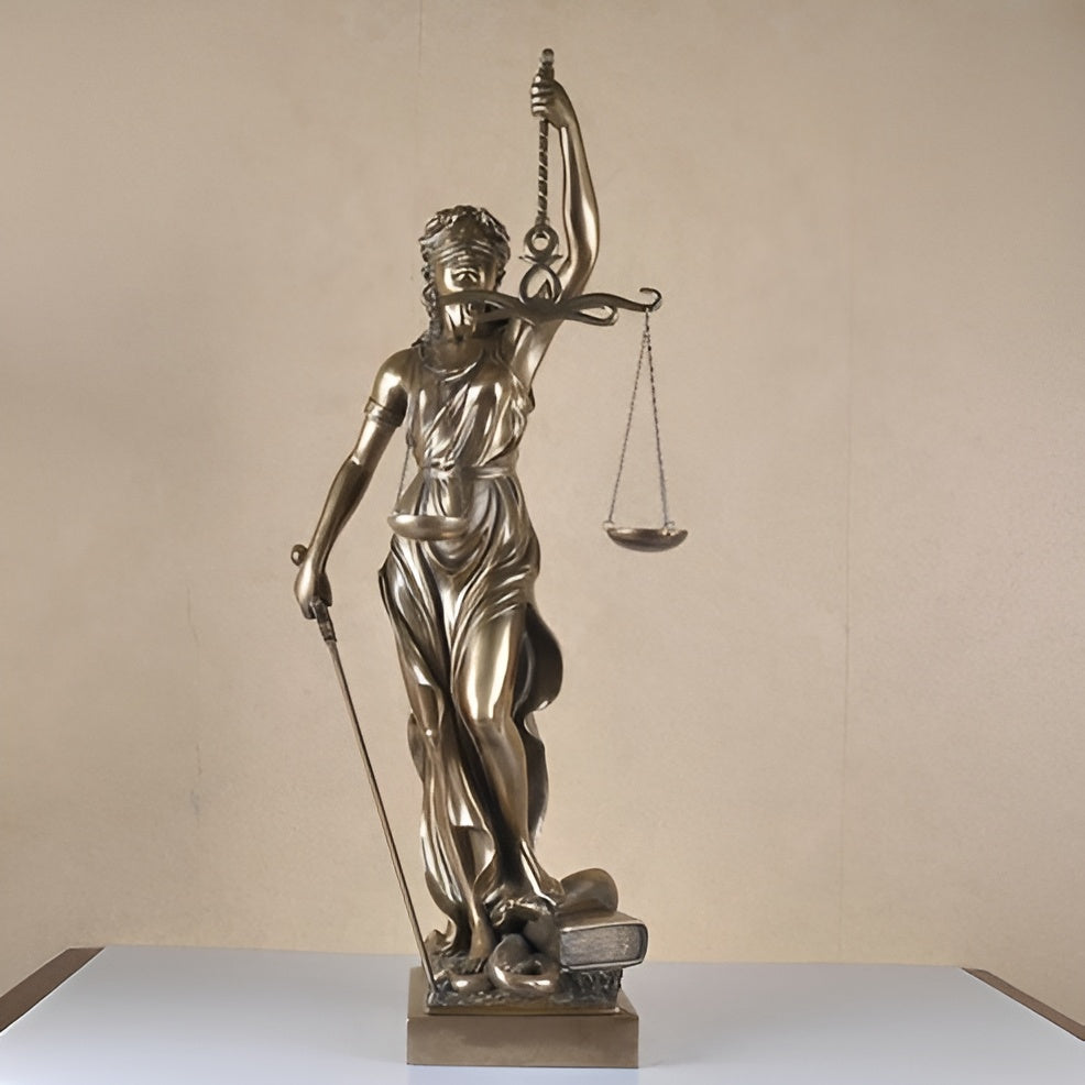 Statue Av Rettferdighetens Gudinne – En Elegant Dekorativ Skulptur Av Justitia