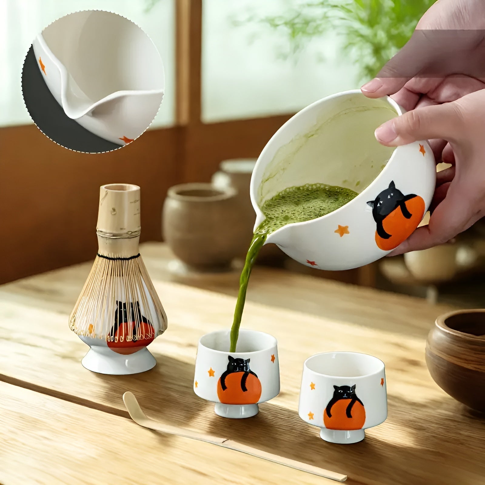 Matcha-sett med Søtt Kattedesign- Inkluderer Skål, Bambusvisp og Måleskje