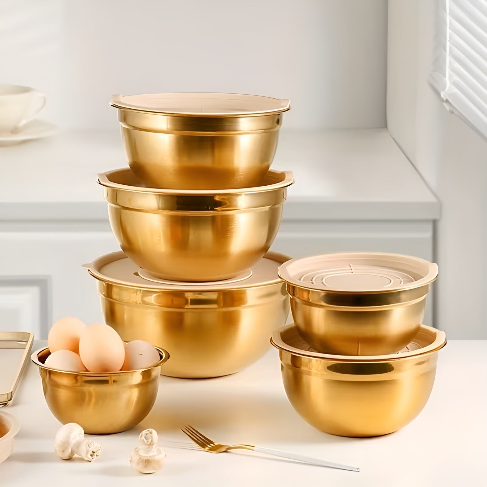 Rustfritt Stål Blandebolle-Sett – Holdbart og Praktisk | 10 Deler med Lokker og Rivjern