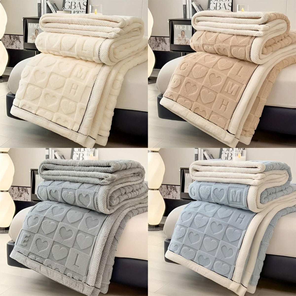 CoralDream Pledd – Varmt Fleece-vinterpledd med Hjerte- og Bokstavmønster på Begge Sider