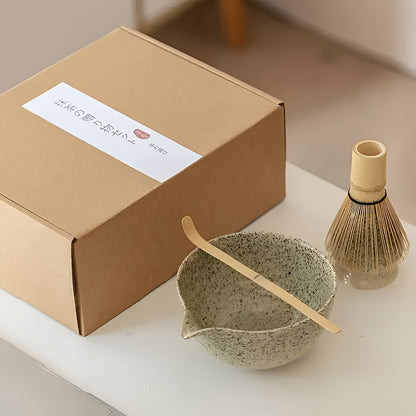 Matcha te-sett i keramikk – 4 deler med bolle og skje | Perfekt som gave og til te-seremonier
