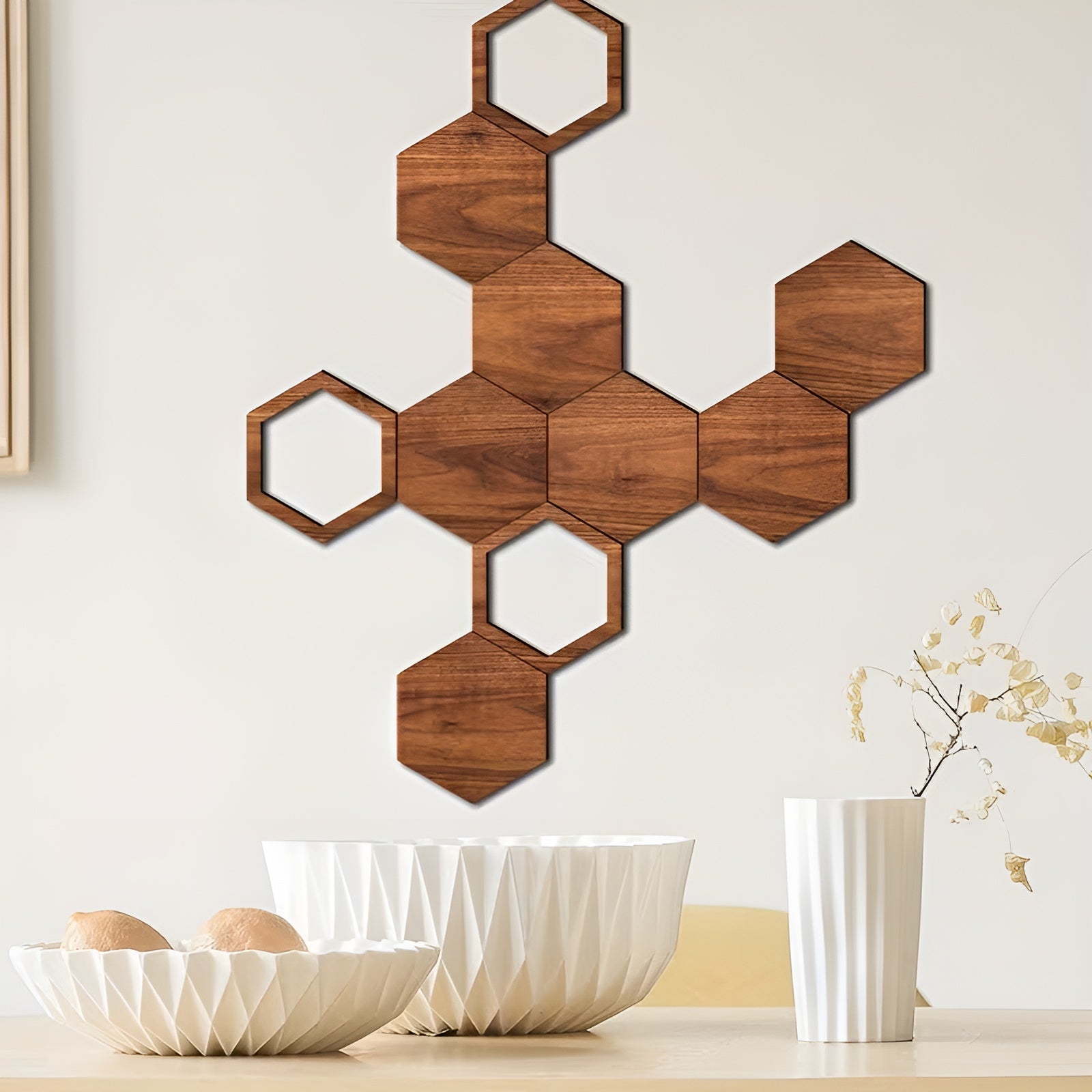 3D Veggdekor i Tre (11 Deler) – Moderne og Dekorativ Hexagon Veggdesign | Perfekt for Stue og Soverom - Veggpaneler