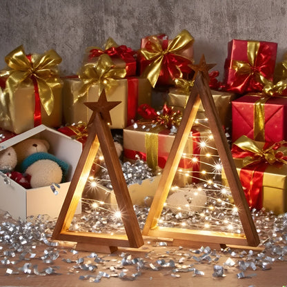 Juletre i Tre – Varmt Hvitbelyst | Perfekt for Bord, Peis og Festlig Dekor