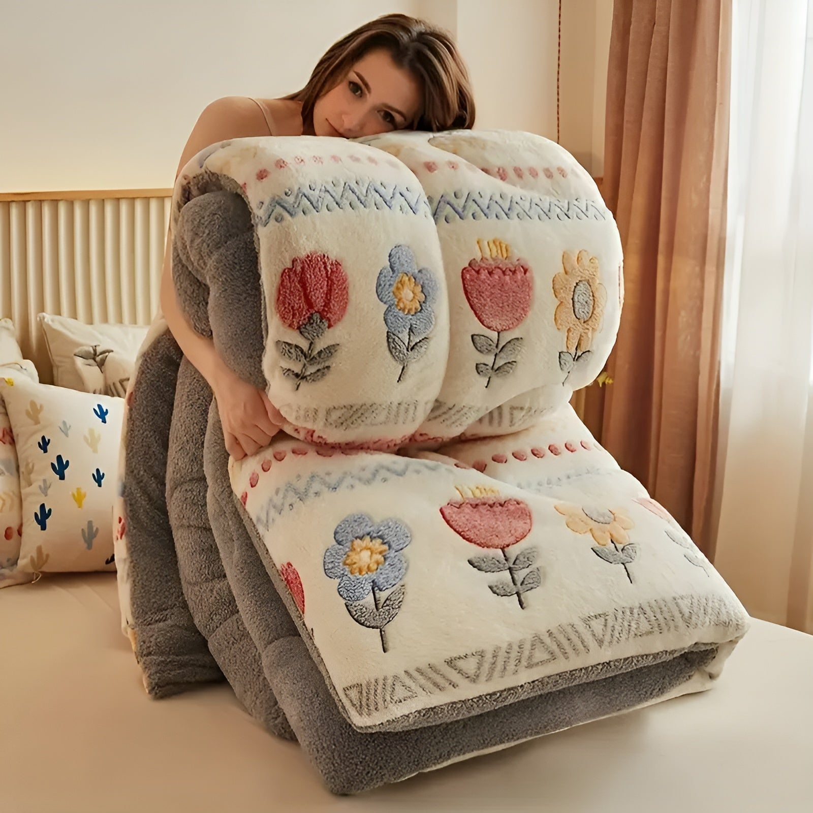 Boho Pledd i Fleece – Tykt, Mykt og Koselig | Fargerikt Blomster- og Geometrisk Mønster