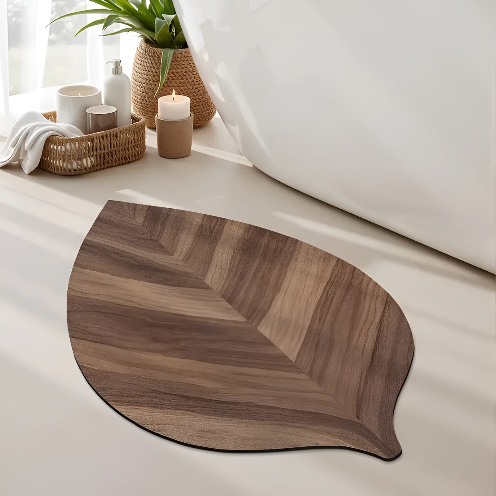 Baderomsmatte i Bladform – Vannabsorberende og Sklisikker | Hurtigtørkende Teppe for Dusj og Vask