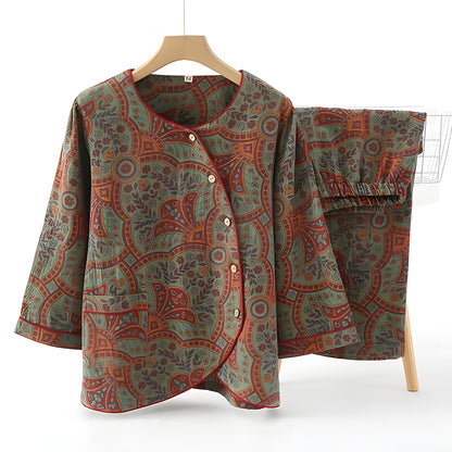 Vintage Jacquard-sett – Rund Hals, Komfortabelt Loungeantrekk