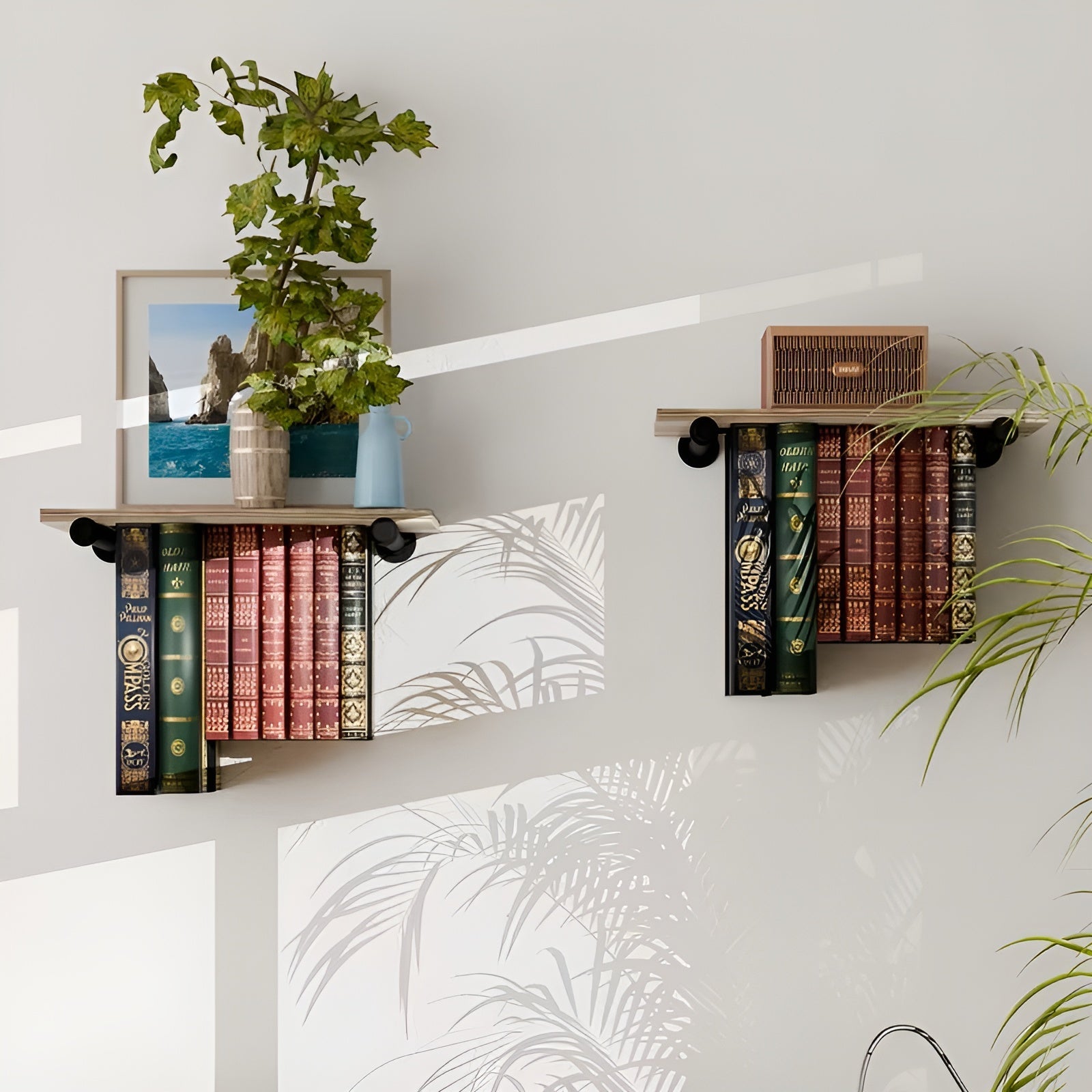 Svevende Bokhyller (2-pakning) – Plassbesparende og Dekorativ | Vegghyller for Stue og Kontor