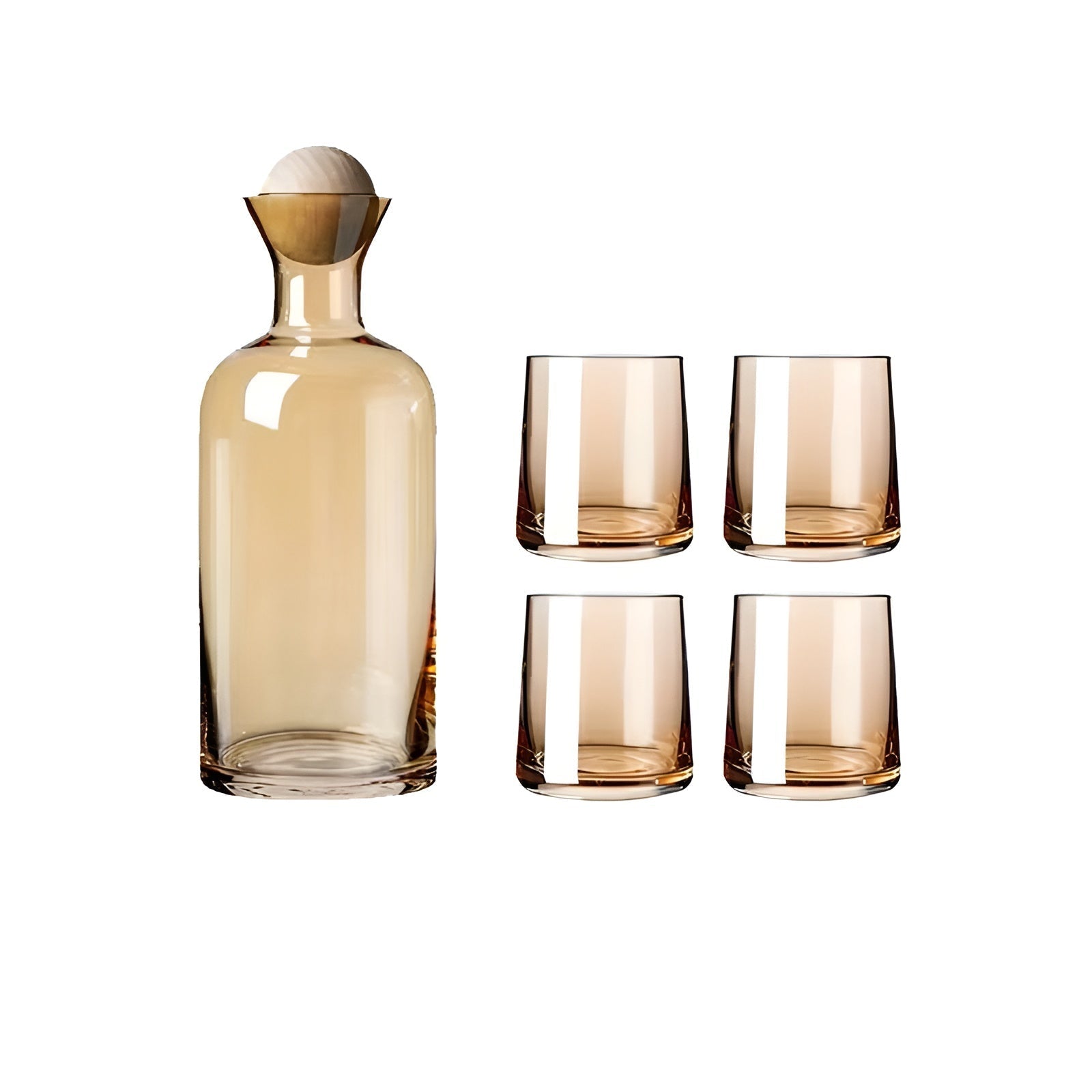 Glasskaraffelsett med 4 Glass – Stilrent og Dekorativt | 1,2L med Trelokk Perfekt for Vann og Juice - Ravfarget Antrekk