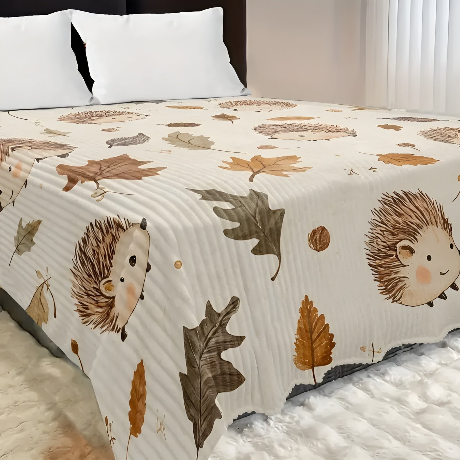 Pledd med Pinnsvin og Høstbladermotiv – Mykt og Varmt | Perfekt for Sofa, Seng og Reiser