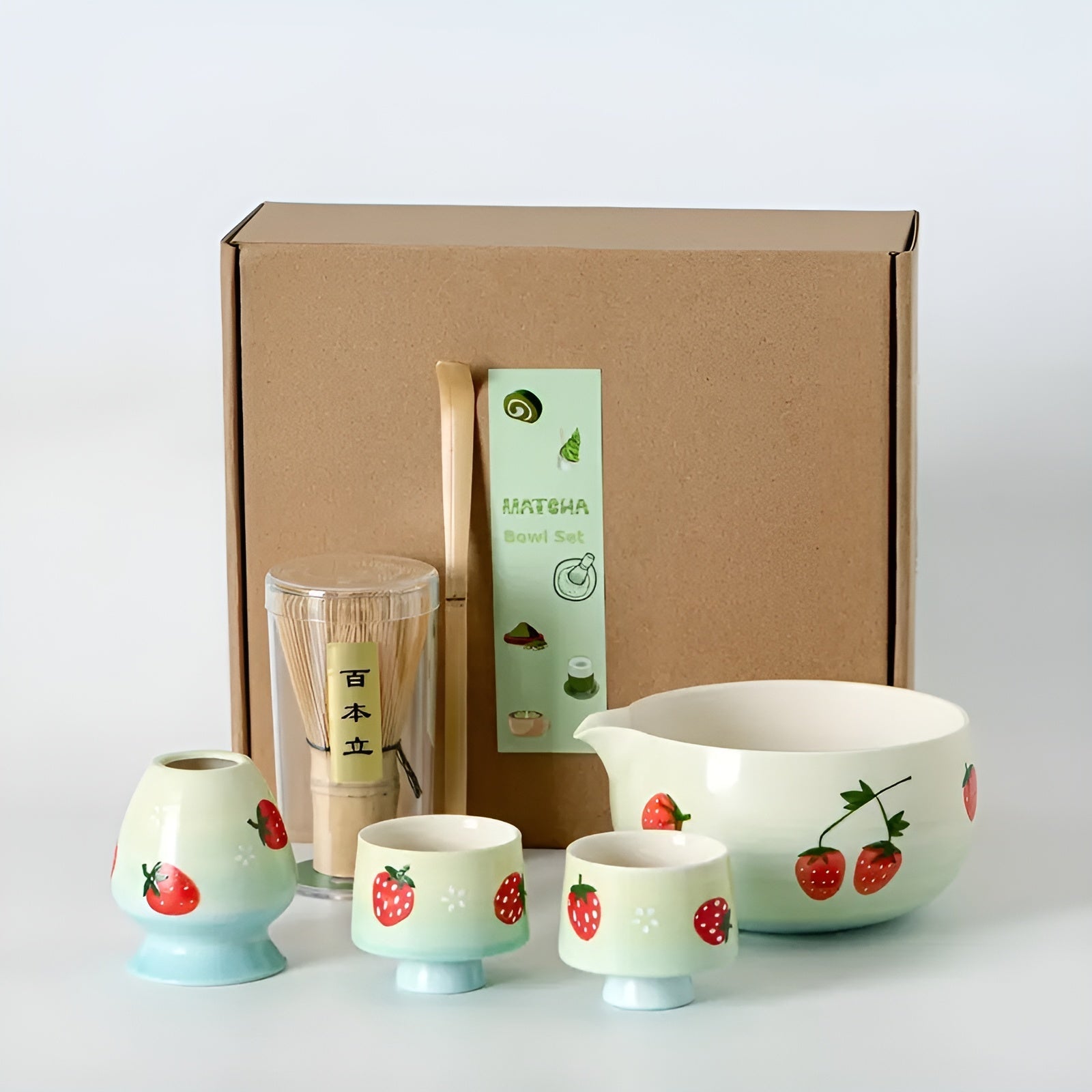 Matcha-sett med Søtt Kattedesign- Inkluderer Skål, Bambusvisp og Måleskje