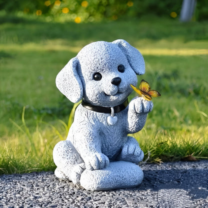 Solcelle Hundefigur med Sommerfugl – Dekorativ og Stemningsfull Hagebelysning | Værbestandig for Hage og Terrasse
