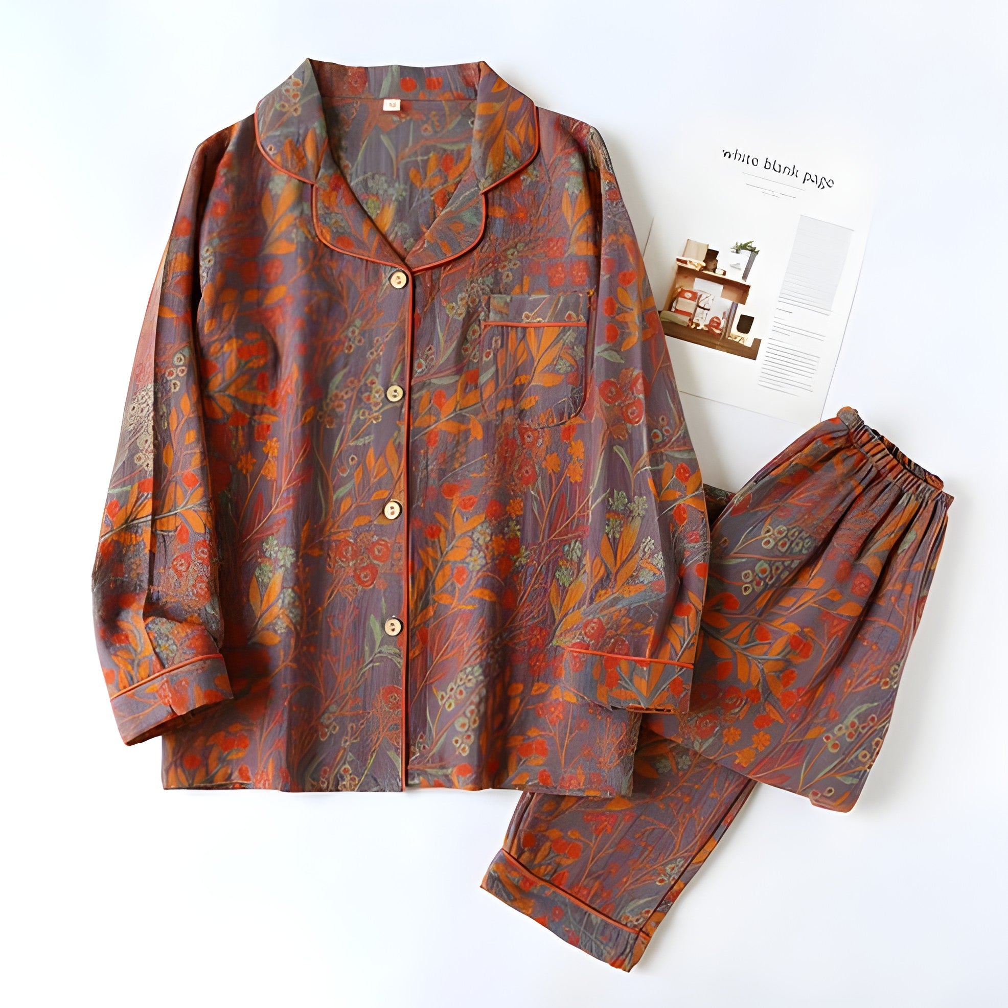 Loungewearsett i Bomull – Vintage Bladtrykk, Krage og Komfortabel Passform