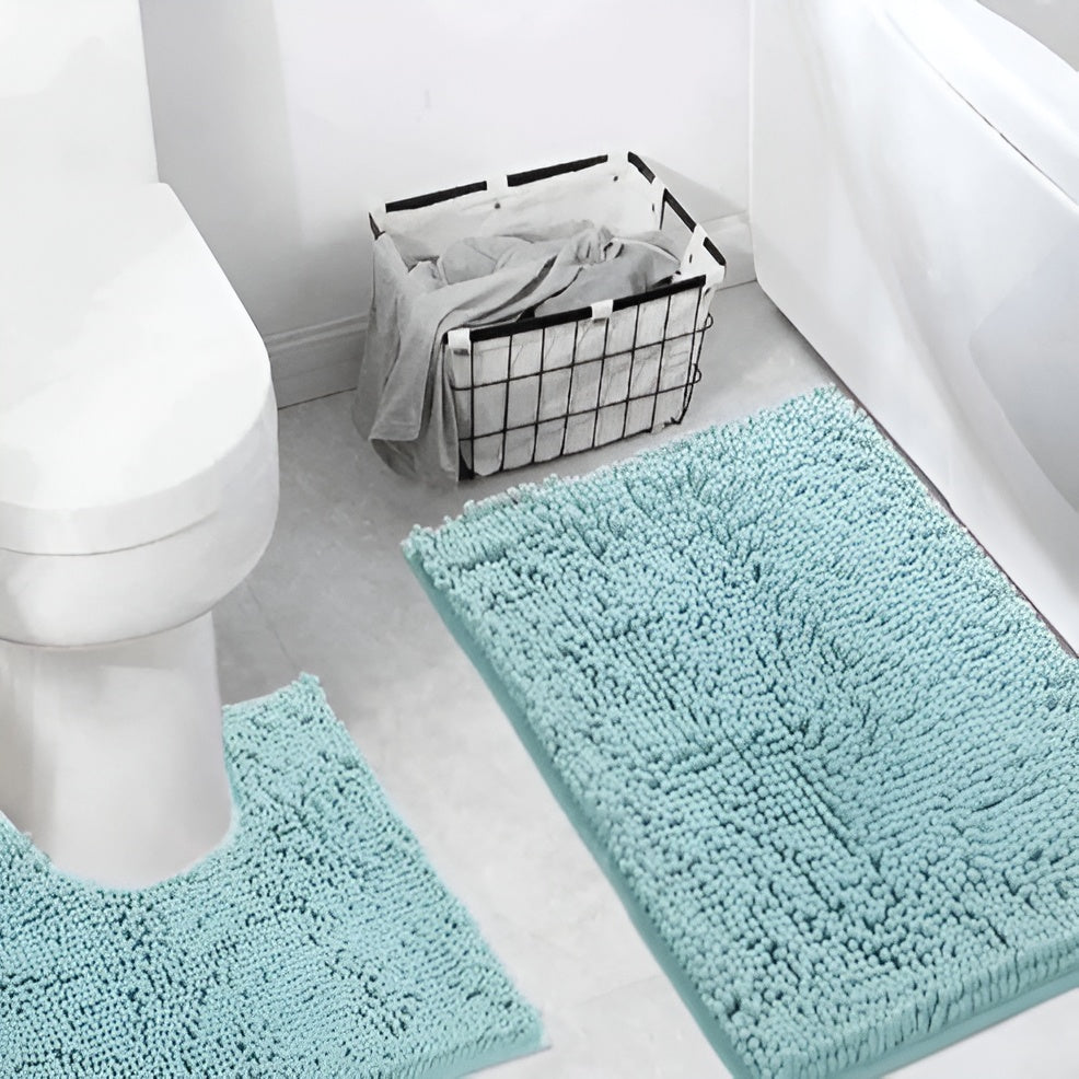 Chenille Badematte – Ekstra Myk og Saugkraftig | Rutsjfri for Maksimal Komfort på Badet - Aua blå 2 stk. - Badematter