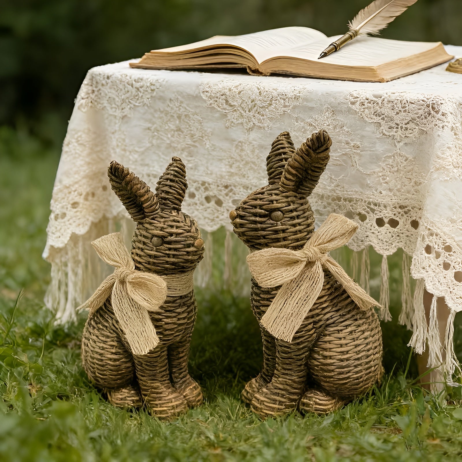 Kaninfigurer, Sett Med 2 Stk. I Kunstharpiks – Vintage Landlig Stil Med Sokkel Og Rankedesign | Dekorativt Til Hagen Og Påsken