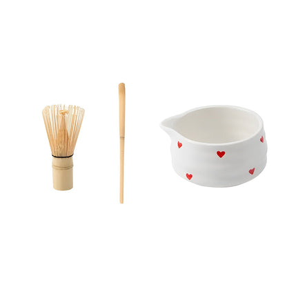 Matcha-sett Med Hjertedesign - 1/3/4/5-delt Tut Og Bambusvisp | Ideell For Hjemmebruk