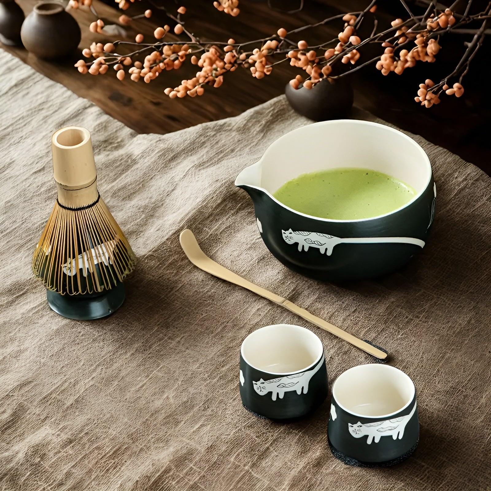 Matcha-sett med Søtt Kattedesign- Inkluderer Skål, Bambusvisp og Måleskje