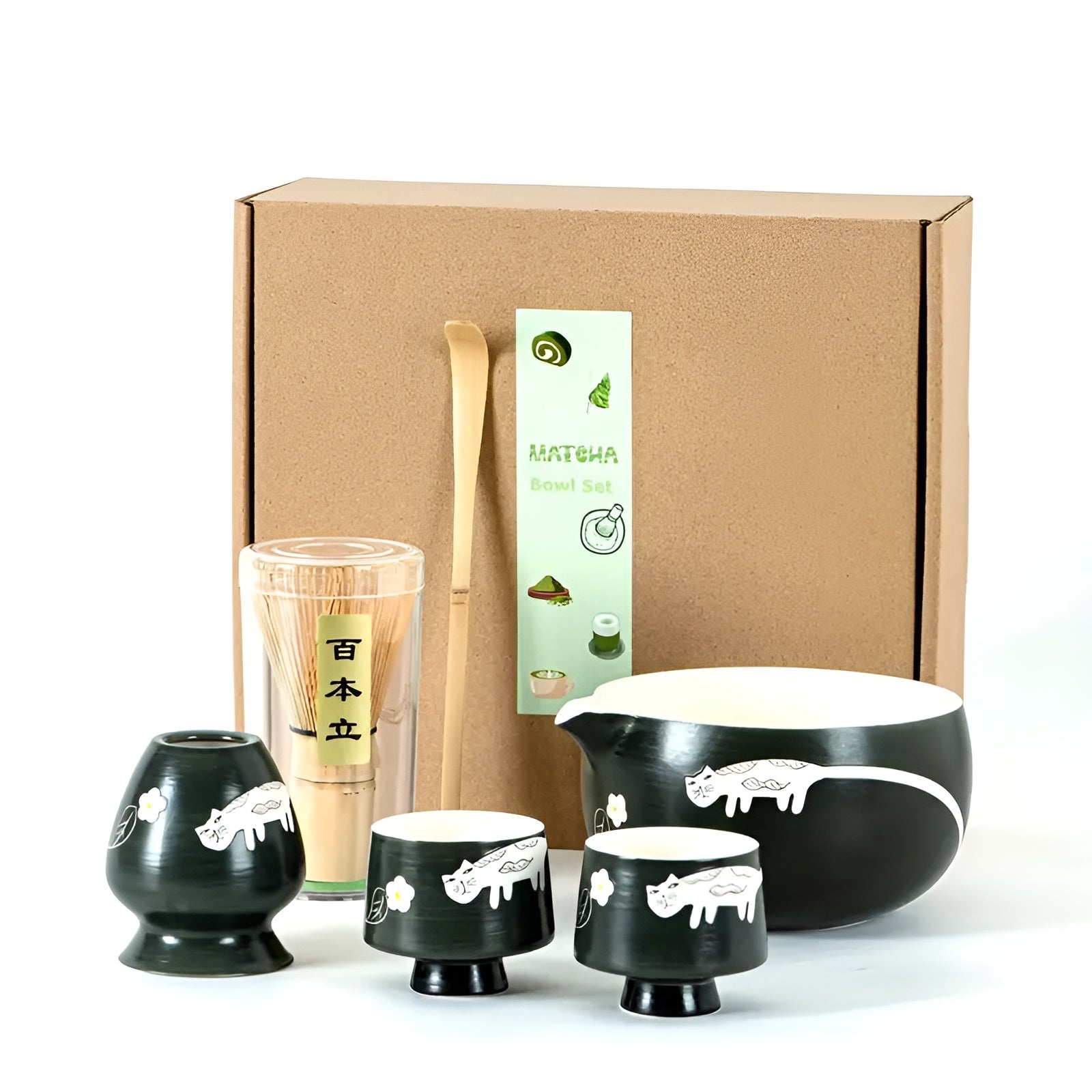 Matcha-sett med Søtt Kattedesign- Inkluderer Skål, Bambusvisp og Måleskje