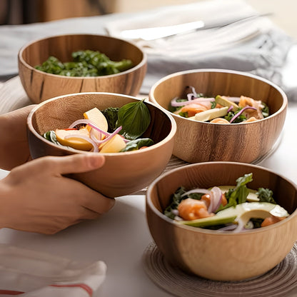 Serveringsskåler i Tre – Håndlagde og Gjenbrukbare | Sett med 4, Perfekt til Salat, Suppe og Ramen