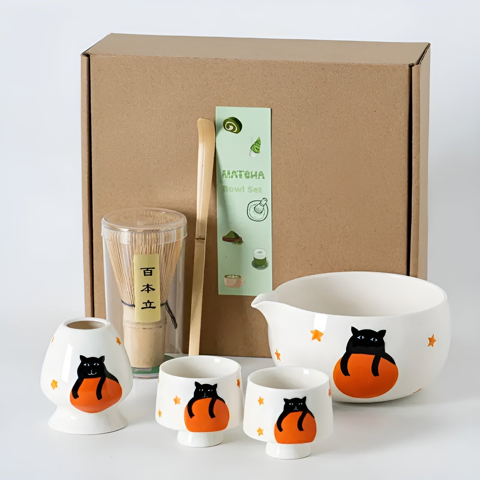 Matcha-sett med Søtt Kattedesign- Inkluderer Skål, Bambusvisp og Måleskje