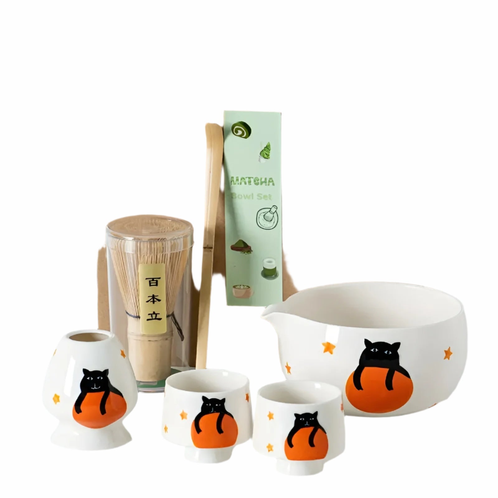 Matcha-sett med Søtt Kattedesign- Inkluderer Skål, Bambusvisp og Måleskje