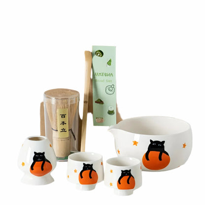 Matcha-sett med Søtt Kattedesign- Inkluderer Skål, Bambusvisp og Måleskje
