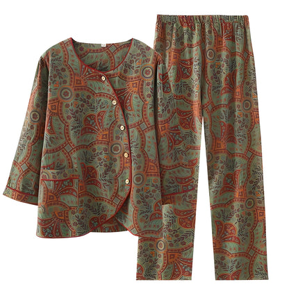 Vintage Jacquard-sett – Rund Hals, Komfortabelt Loungeantrekk