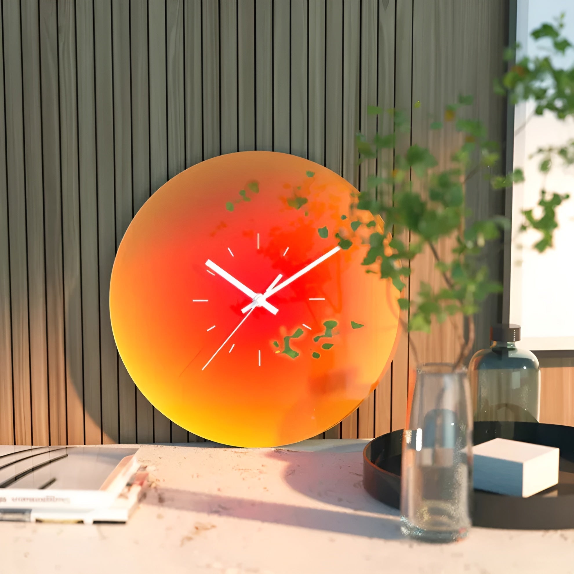 Veggklokke i Glass – Moderne og Dekorativt | Med Solnedgangsmotiv