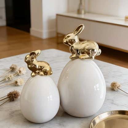 Keramisk Dekorasjonskanin I Eggform – Moderne Påskedekorasjon I Hvitt Og Gull | Elegant Borddekorasjon For Stuen