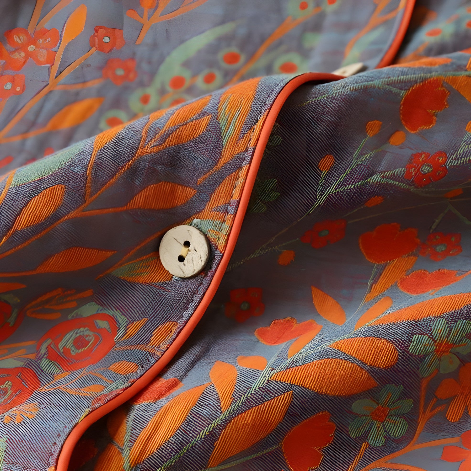 Loungewearsett i Bomull – Vintage Bladtrykk, Krage og Komfortabel Passform