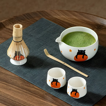 Matcha-sett med Søtt Kattedesign- Inkluderer Skål, Bambusvisp og Måleskje