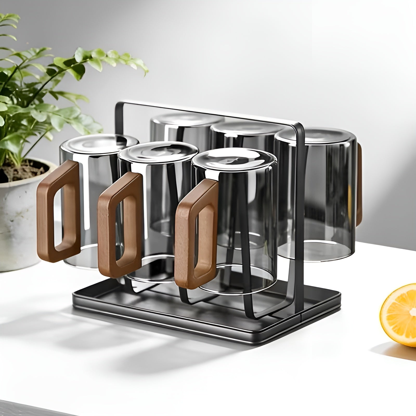Glasskrussett med Trehåndtak – Varmebestandig og Elegant | Perfekt for Te Vann og Servering - Sett med glass og kopper