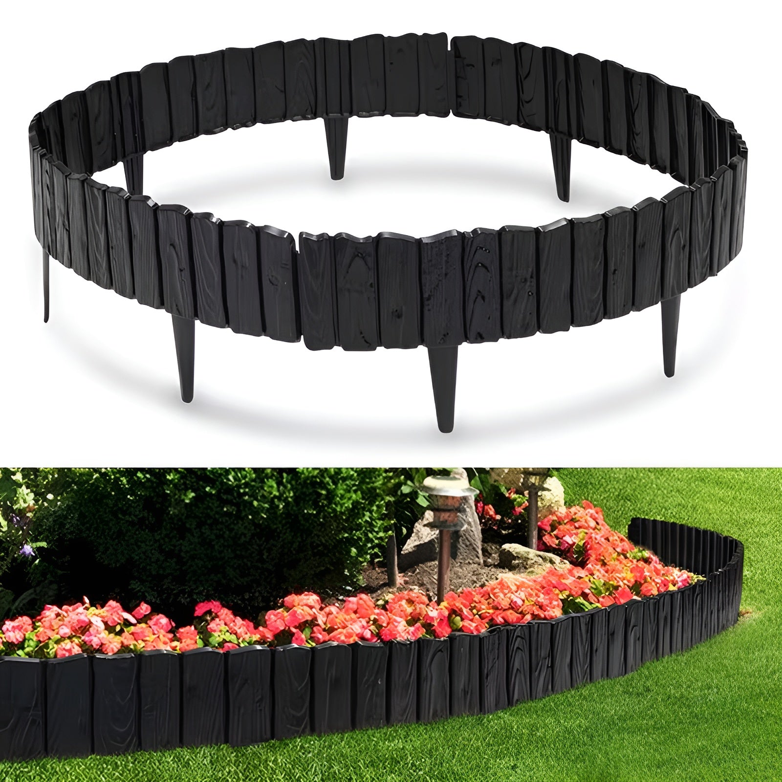 Fleksibel Bedkant i Trelook – Dekorativ Avgrensning for Plen og Blomsterbed | Enkel DIY-Montering - 2.3m 4 Stk / Svart