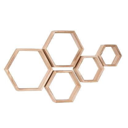 Hexagon Vegghyller (5-pk) – Dekorative og Plassbesparende | Tre Perfekt for Stue og Soverom - Naturlig treverk
