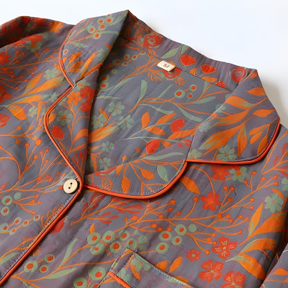 Loungewearsett i Bomull – Vintage Bladtrykk, Krage og Komfortabel Passform