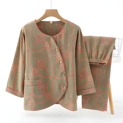 Vintage Jacquard-sett – Rund Hals, Komfortabelt Loungeantrekk