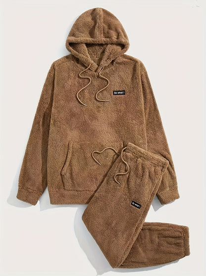 Teddy fleece pyjamas herre – brun hettegenser og joggebukse, 2-delt vinterset