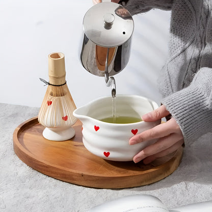 Matcha-sett Med Hjertedesign - 1/3/4/5-delt Tut Og Bambusvisp | Ideell For Hjemmebruk